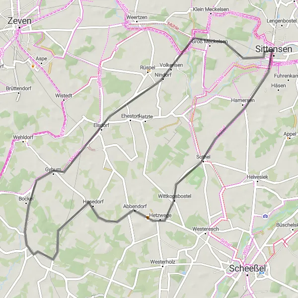 Karten-Miniaturansicht der Radinspiration "Rundtour von Sittensen nach Groß Meckelsen" in Lüneburg, Germany. Erstellt vom Tarmacs.app-Routenplaner für Radtouren