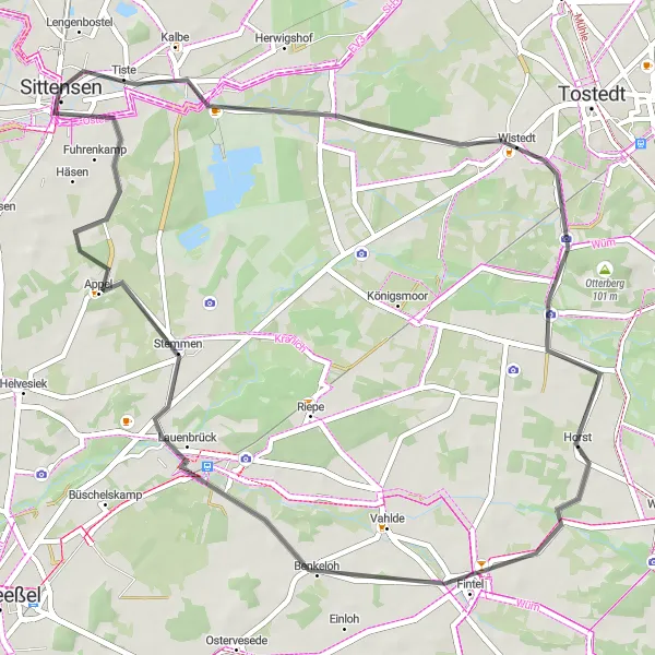 Karten-Miniaturansicht der Radinspiration "Kurze Rundtour von Sittensen nach Heimathaus" in Lüneburg, Germany. Erstellt vom Tarmacs.app-Routenplaner für Radtouren