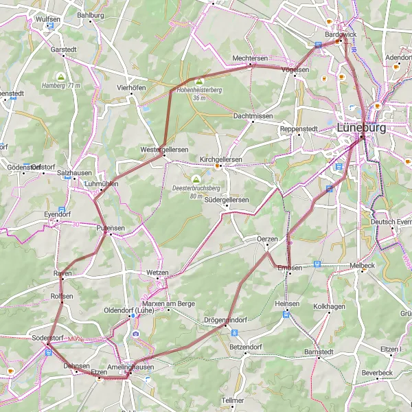 Map miniature of "Gravel Adventure" cycling inspiration in Lüneburg, Germany. Generated by Tarmacs.app cycling route planner