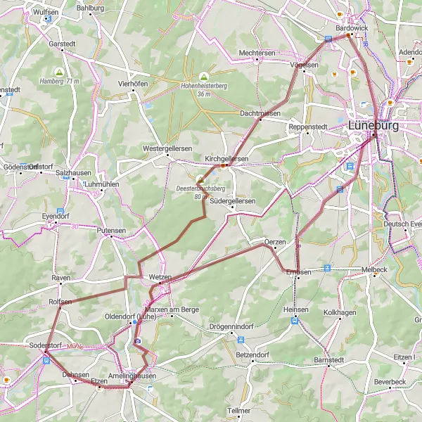 Map miniature of "Nature Escape" cycling inspiration in Lüneburg, Germany. Generated by Tarmacs.app cycling route planner