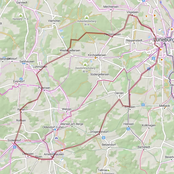 Karten-Miniaturansicht der Radinspiration "Gravel Tour um Lüneburg" in Lüneburg, Germany. Erstellt vom Tarmacs.app-Routenplaner für Radtouren