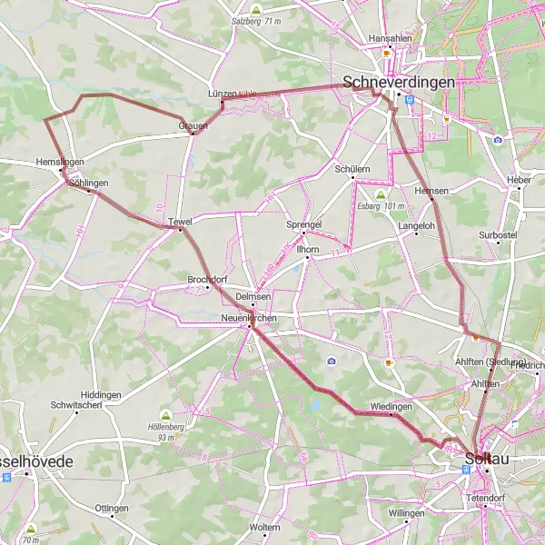 Map miniature of "Gravel Adventure: Wiedingen to Soltau Epic Ride" cycling inspiration in Lüneburg, Germany. Generated by Tarmacs.app cycling route planner
