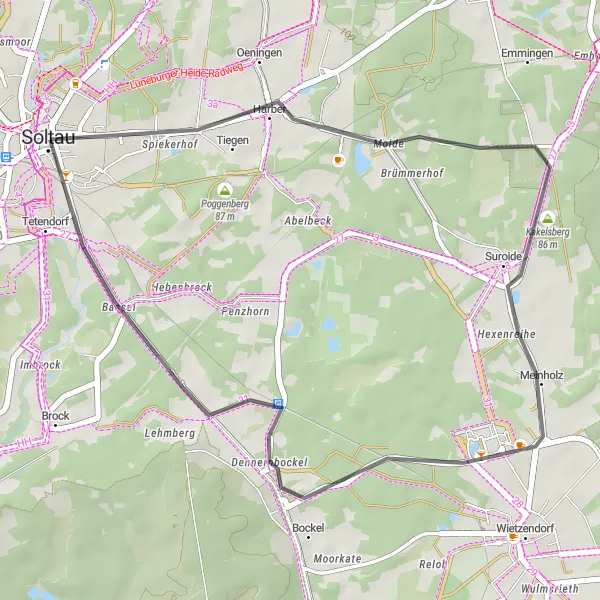 Map miniature of "Soltau Adventure: Kakelsberg Loop" cycling inspiration in Lüneburg, Germany. Generated by Tarmacs.app cycling route planner