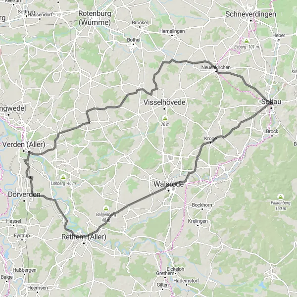 Karten-Miniaturansicht der Radinspiration "Walsrode-Kirchlinteln Runde" in Lüneburg, Germany. Erstellt vom Tarmacs.app-Routenplaner für Radtouren