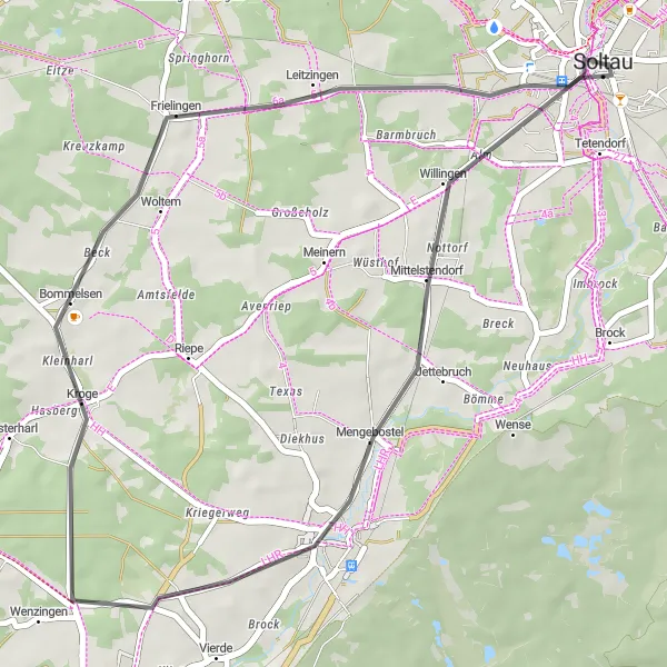 Map miniature of "Soltau to Mengebostel Loop" cycling inspiration in Lüneburg, Germany. Generated by Tarmacs.app cycling route planner