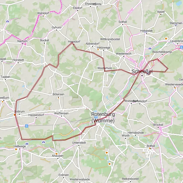 Map miniature of "Scheeßel - Rotenburg (Wümme) - Sottrum Circuit" cycling inspiration in Lüneburg, Germany. Generated by Tarmacs.app cycling route planner