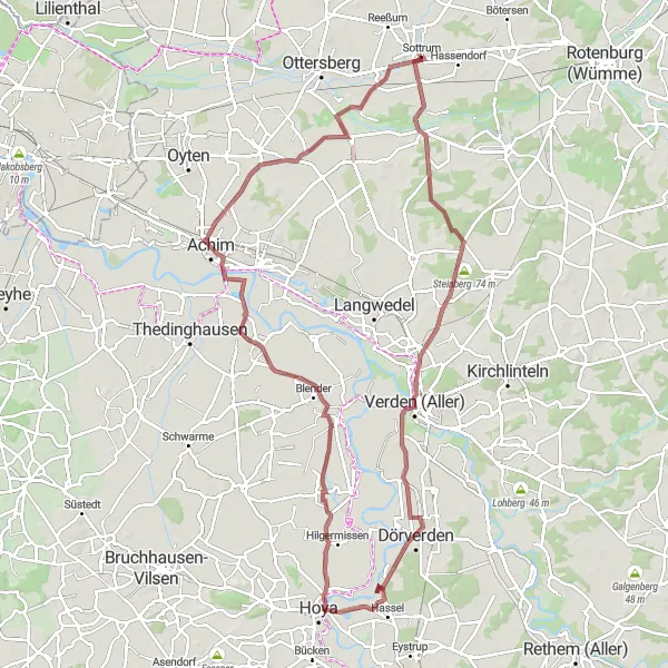 Map miniature of "Sottrum to Achim Loop" cycling inspiration in Lüneburg, Germany. Generated by Tarmacs.app cycling route planner