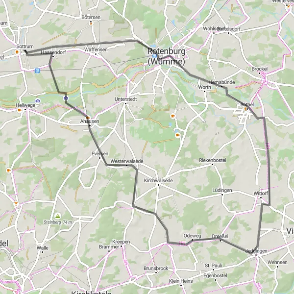 Karten-Miniaturansicht der Radinspiration "Radfahren durch Rotenburg und Bothel" in Lüneburg, Germany. Erstellt vom Tarmacs.app-Routenplaner für Radtouren