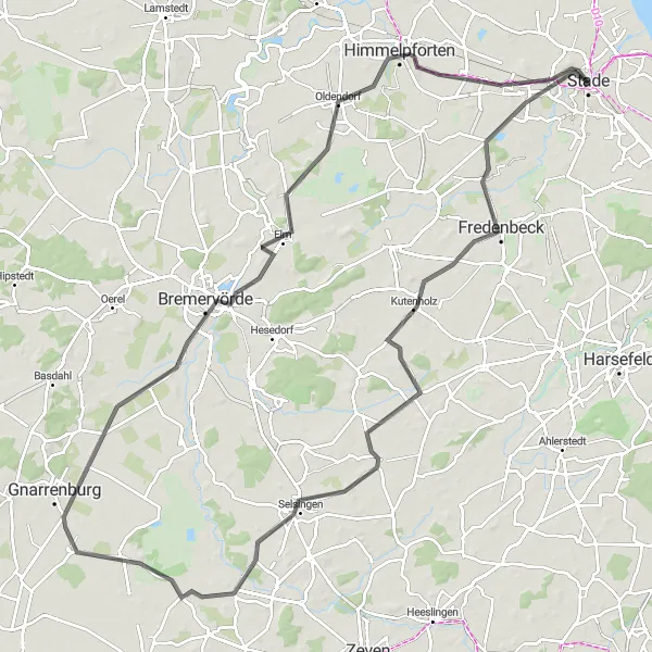 Karten-Miniaturansicht der Radinspiration "Hügeliges Abenteuer rund um Stade" in Lüneburg, Germany. Erstellt vom Tarmacs.app-Routenplaner für Radtouren