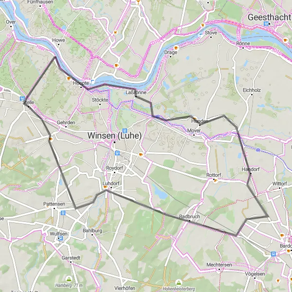 Map miniature of "Tönnhausen, Handorf, and Ashausen Adventure" cycling inspiration in Lüneburg, Germany. Generated by Tarmacs.app cycling route planner