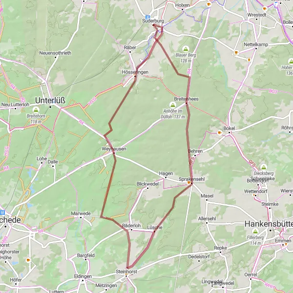 Karten-Miniaturansicht der Radinspiration "Gravel Route um Suderburg" in Lüneburg, Germany. Erstellt vom Tarmacs.app-Routenplaner für Radtouren