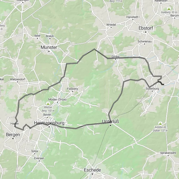 Map miniature of "Extended Road Cycling Route from Suderburg" cycling inspiration in Lüneburg, Germany. Generated by Tarmacs.app cycling route planner