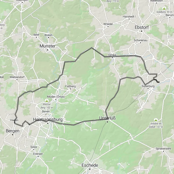 Karten-Miniaturansicht der Radinspiration "Rundtour ab Suderburg durch malerische Landschaften" in Lüneburg, Germany. Erstellt vom Tarmacs.app-Routenplaner für Radtouren