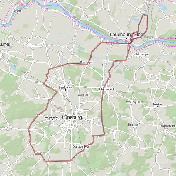 Map miniature of "Scenic Gravel Ride" cycling inspiration in Lüneburg, Germany. Generated by Tarmacs.app cycling route planner