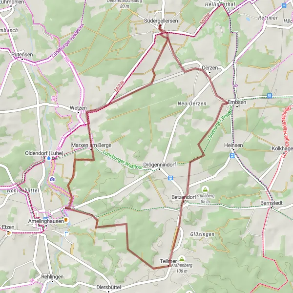 Map miniature of "Gravel Adventure in Südergellersen" cycling inspiration in Lüneburg, Germany. Generated by Tarmacs.app cycling route planner