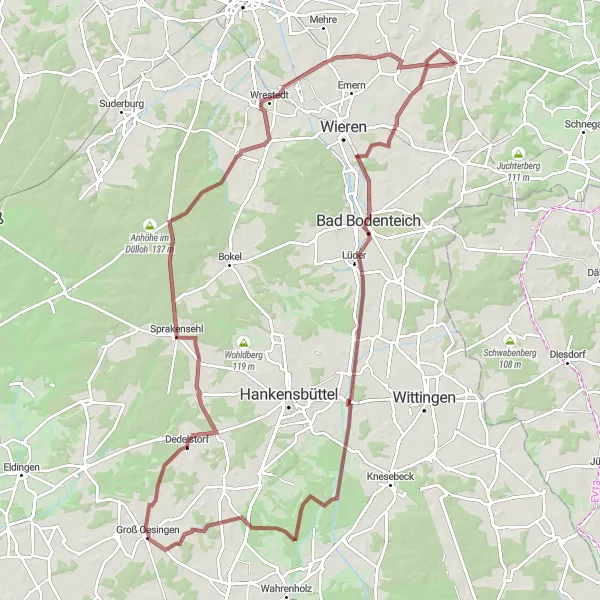 Map miniature of "Suhlendorf Gravel Adventure" cycling inspiration in Lüneburg, Germany. Generated by Tarmacs.app cycling route planner