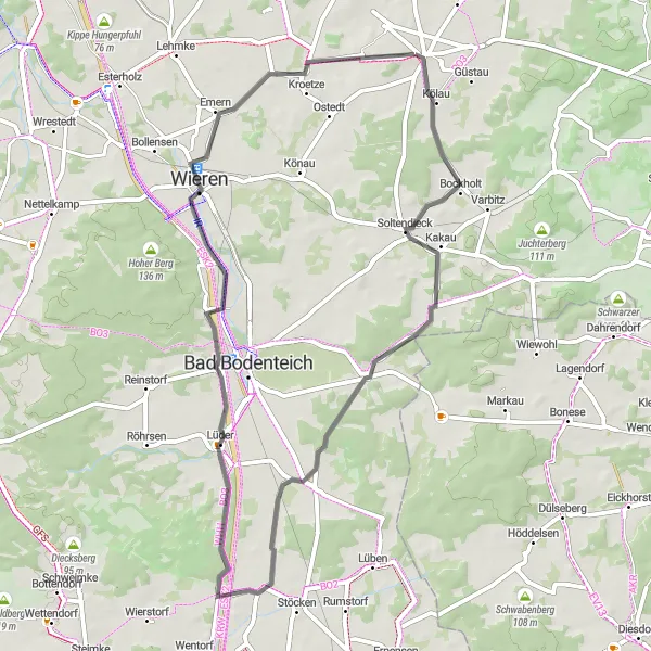 Map miniature of "Lüder Road Ride" cycling inspiration in Lüneburg, Germany. Generated by Tarmacs.app cycling route planner