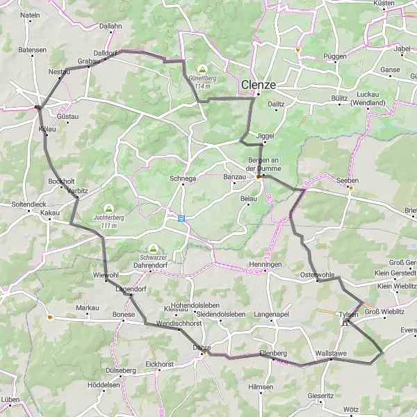 Map miniature of "Quartzau and Austwichtsturm Bergen Circuit" cycling inspiration in Lüneburg, Germany. Generated by Tarmacs.app cycling route planner