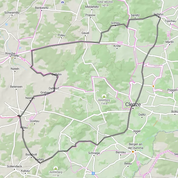 Map miniature of "Sallahn to Kölau Road Route" cycling inspiration in Lüneburg, Germany. Generated by Tarmacs.app cycling route planner