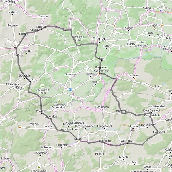 Map miniature of "Quartzau and Jiggel Route" cycling inspiration in Lüneburg, Germany. Generated by Tarmacs.app cycling route planner