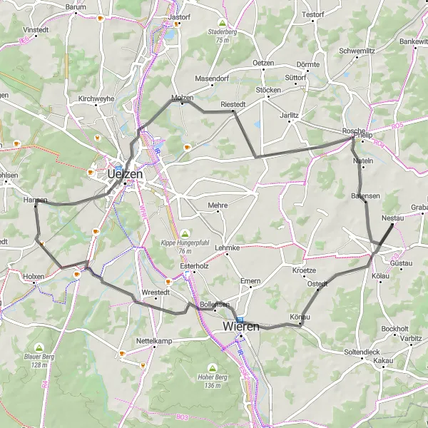 Karten-Miniaturansicht der Radinspiration "Road-Tour durch Klein Süstedt und Rosche" in Lüneburg, Germany. Erstellt vom Tarmacs.app-Routenplaner für Radtouren