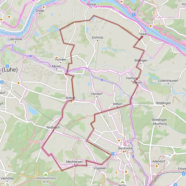 Karten-Miniaturansicht der Radinspiration "Gemütliche Gravel-Tour nach Rönne" in Lüneburg, Germany. Erstellt vom Tarmacs.app-Routenplaner für Radtouren