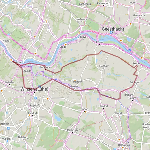 Map miniature of "Relaxing Gravel Ride along the Elbe Canal" cycling inspiration in Lüneburg, Germany. Generated by Tarmacs.app cycling route planner