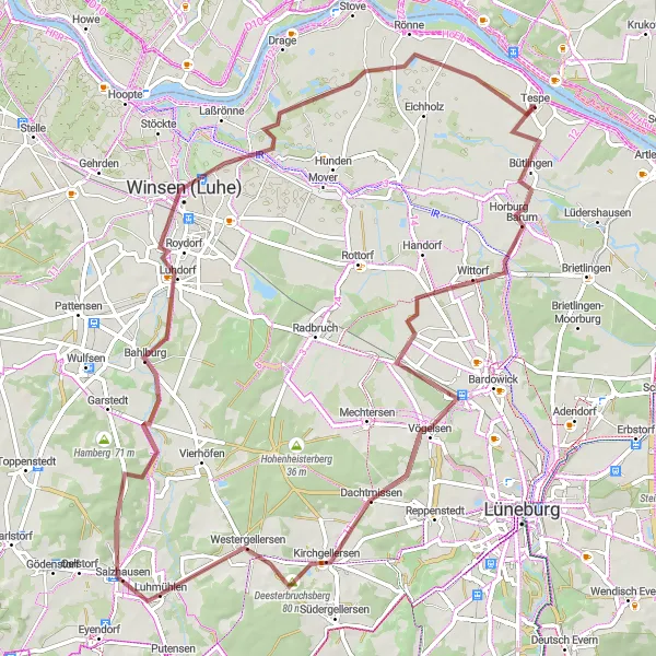 Karten-Miniaturansicht der Radinspiration "Große Gravel-Tour rund um Tespe" in Lüneburg, Germany. Erstellt vom Tarmacs.app-Routenplaner für Radtouren