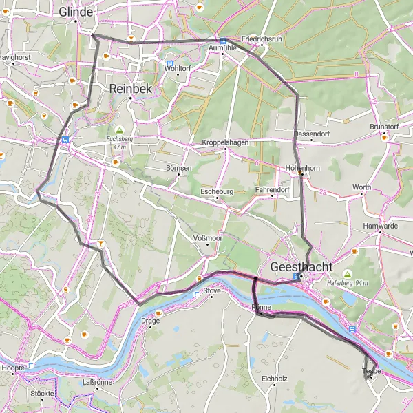 Karten-Miniaturansicht der Radinspiration "Radtour von Tespe nach Feldherrenhügel" in Lüneburg, Germany. Erstellt vom Tarmacs.app-Routenplaner für Radtouren