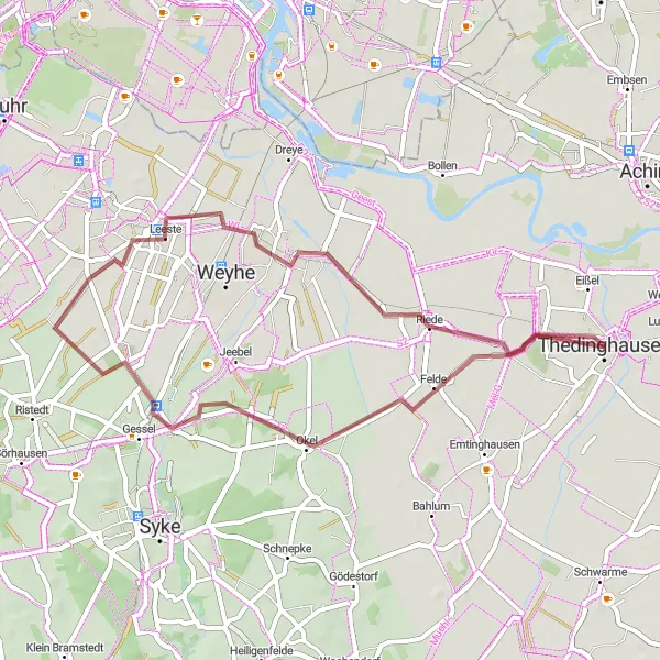 Karten-Miniaturansicht der Radinspiration "Kurze Gravel-Tour um Thedinghausen" in Lüneburg, Germany. Erstellt vom Tarmacs.app-Routenplaner für Radtouren