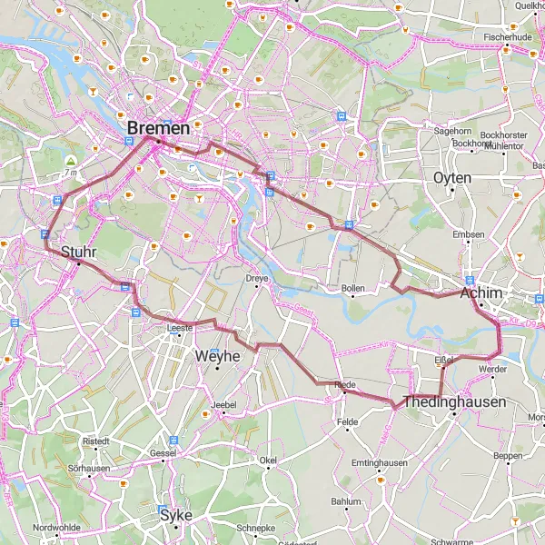 Karten-Miniaturansicht der Radinspiration "Gravelrunde von Thedinghausen nach Bremen" in Lüneburg, Germany. Erstellt vom Tarmacs.app-Routenplaner für Radtouren