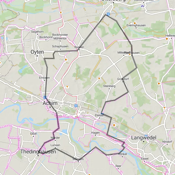 Map miniature of "Achim Loop" cycling inspiration in Lüneburg, Germany. Generated by Tarmacs.app cycling route planner