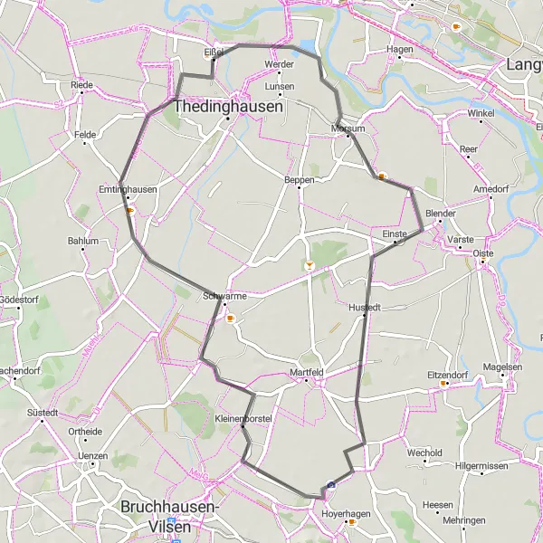 Map miniature of "The Hiddestorf Circuit" cycling inspiration in Lüneburg, Germany. Generated by Tarmacs.app cycling route planner