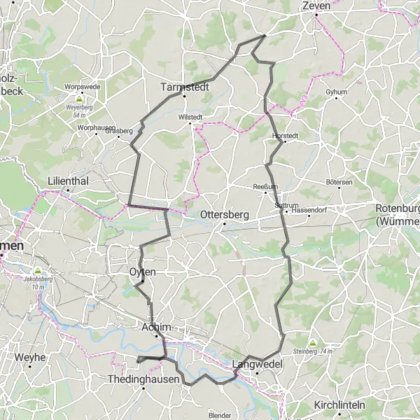 Map miniature of "Oyten Hills Ride" cycling inspiration in Lüneburg, Germany. Generated by Tarmacs.app cycling route planner