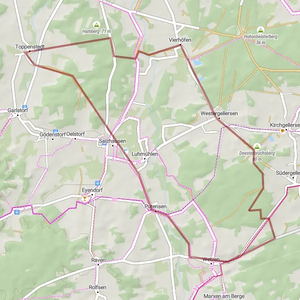 Karten-Miniaturansicht der Radinspiration "Erkundung von Toppenstedt und Umgebung" in Lüneburg, Germany. Erstellt vom Tarmacs.app-Routenplaner für Radtouren