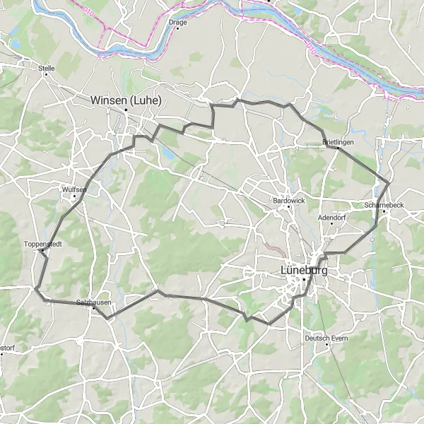 Map miniature of "Wulfsen and Lüne Abbey Road Route" cycling inspiration in Lüneburg, Germany. Generated by Tarmacs.app cycling route planner