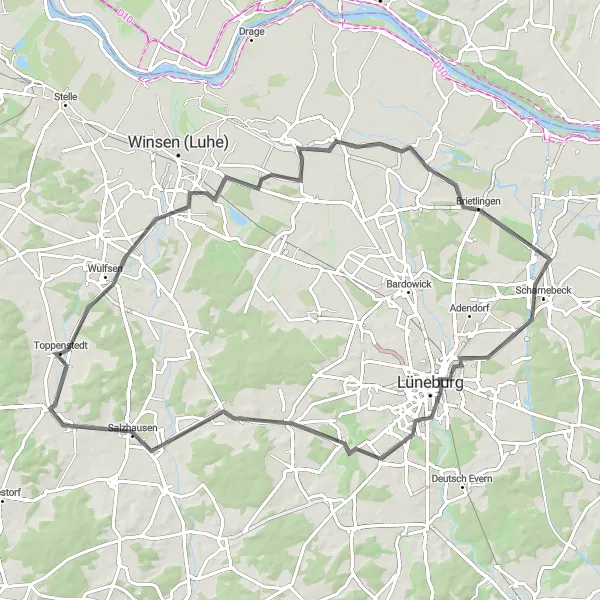 Karten-Miniaturansicht der Radinspiration "Road-Tour durch Wulfsen, Illmer Berg, Lüne Abbey, Westergellersen und Stiepels Berg" in Lüneburg, Germany. Erstellt vom Tarmacs.app-Routenplaner für Radtouren