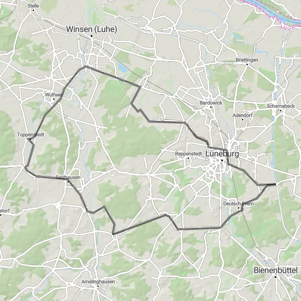 Map miniature of "The Wulfsen Loop" cycling inspiration in Lüneburg, Germany. Generated by Tarmacs.app cycling route planner