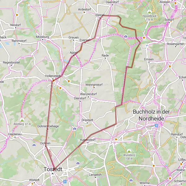 Karten-Miniaturansicht der Radinspiration "Gravel-Tour von Tostedt nach Kakenstorf" in Lüneburg, Germany. Erstellt vom Tarmacs.app-Routenplaner für Radtouren