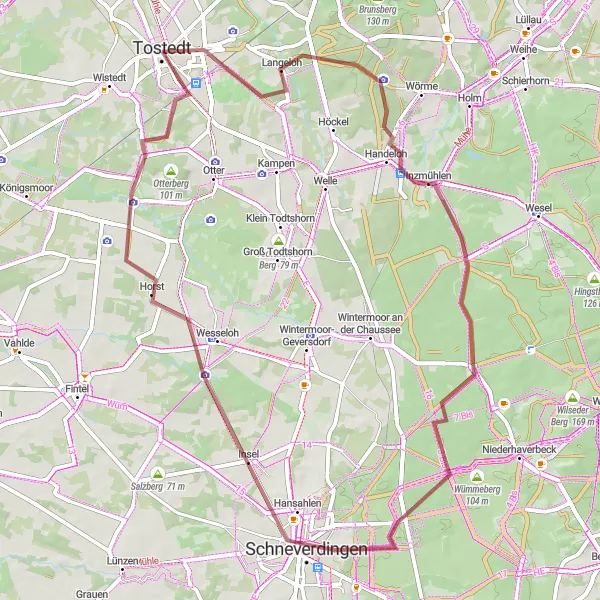 Map miniature of "Off the Beaten Path - Flidderberg Loop" cycling inspiration in Lüneburg, Germany. Generated by Tarmacs.app cycling route planner