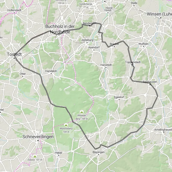 Map miniature of "Nordheide Adventure - Scenic Road Cycling Experience" cycling inspiration in Lüneburg, Germany. Generated by Tarmacs.app cycling route planner