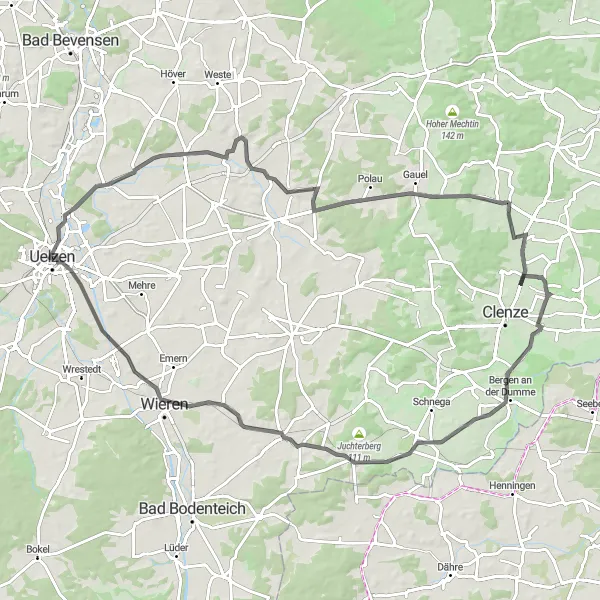 Map miniature of "The Dumme Valley Ride" cycling inspiration in Lüneburg, Germany. Generated by Tarmacs.app cycling route planner