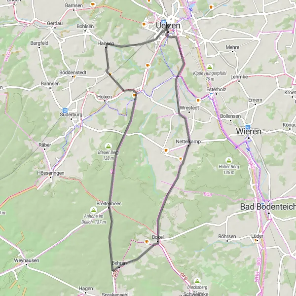 Map miniature of "Wrestedt Expedition" cycling inspiration in Lüneburg, Germany. Generated by Tarmacs.app cycling route planner