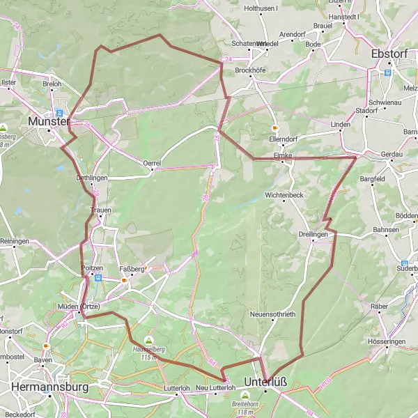 Map miniature of "Gravel Adventure to Hausselberg and Trauen" cycling inspiration in Lüneburg, Germany. Generated by Tarmacs.app cycling route planner