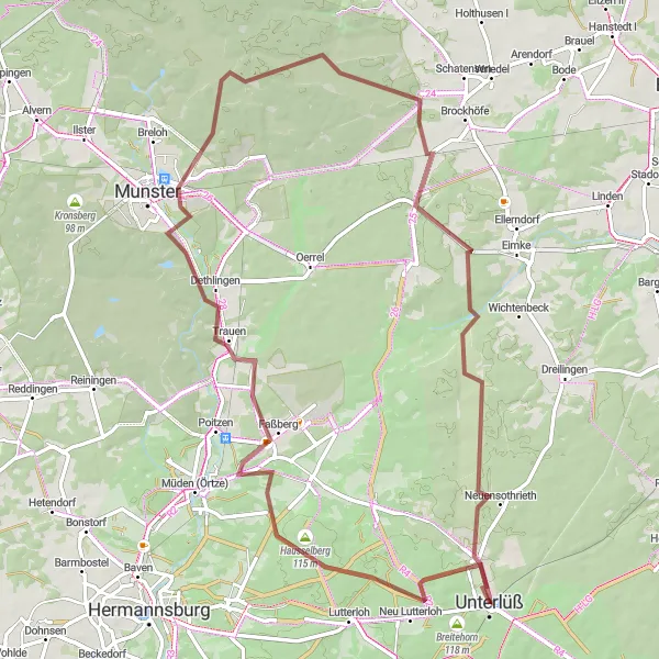 Karten-Miniaturansicht der Radinspiration "Gravel-Erkundungstour durch Trauen und Neuensothrieth" in Lüneburg, Germany. Erstellt vom Tarmacs.app-Routenplaner für Radtouren