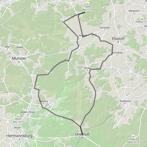 Map miniature of "Historic Faßberg and Woodland Adventure" cycling inspiration in Lüneburg, Germany. Generated by Tarmacs.app cycling route planner