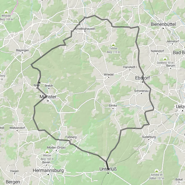 Map miniature of "Escapade to Munster and Bunker Discovery" cycling inspiration in Lüneburg, Germany. Generated by Tarmacs.app cycling route planner