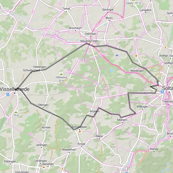 Map miniature of "Hidingen Tour" cycling inspiration in Lüneburg, Germany. Generated by Tarmacs.app cycling route planner