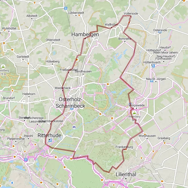 Karten-Miniaturansicht der Radinspiration "Vollersode nach Osterholz-Scharmbeck" in Lüneburg, Germany. Erstellt vom Tarmacs.app-Routenplaner für Radtouren
