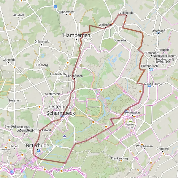 Map miniature of "Through Woods and Countryside" cycling inspiration in Lüneburg, Germany. Generated by Tarmacs.app cycling route planner